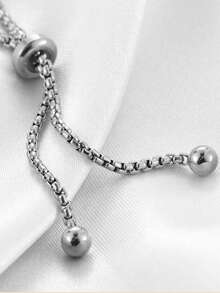 MECYLIFE 1pc Stainless Steel Beaded Bracelet For Women, Adjustable, Non-Fading, Personalized Polished Round Disc Jewelry - Silver - View 4