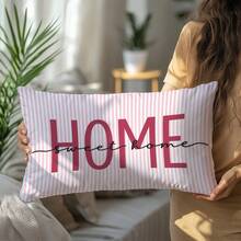 1pc Minimalist Daily Pink Striped Warm Home Slogan "Sweet Home" Text Illustration Cushion Cover, Single-Sided Printed Peach Skin Velvet Material, 30*50/40*60CM Pillowcase Suitable For Modern Minimalist Sofa Living Room Decor, Party Decoration, Gift Giving - Multicolor - View 5