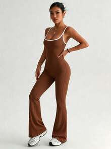 Damen Sommer Jumpsuit mit ausgestelltem Bein, elastische Yoga Hose, sexy rückenfreier Jumpsuit, unverzichtbar für Fitness, Pendeln, Streetwear und tägliche Outfits Sport - Braun - Übersicht 7