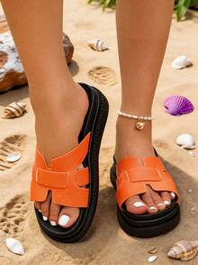 Spring/Summer New Buckle Thick Sole Open Toe Wedge Sandals Women's Casual Soft Bottom Versatile Beach Shoes - Coral Orange - View 2