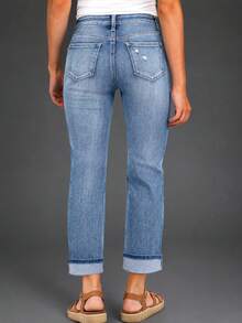 New Women's Fashion Elastic Distressed Skinny Jeans With Pockets - Elastic Straight Leg Jeans Casual Spring - Medium Wash - View 2