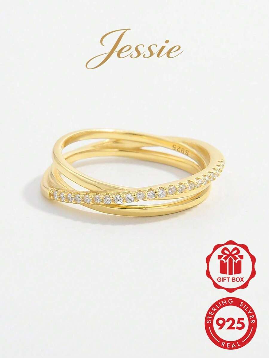 Jessie Jewelry 1入組華麗優雅經典時尚925銀不對稱十字交叉設計人造戒指適合女士吊飾和約會禮物 - 金色 - 查看 1
