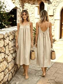 Perfect For Your Vacation! Midi Dress With Thin Straps, Open Back With Drawstring, Lightweight Fabric That Flatters Your Figure. - 綠色 - 查看 7