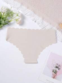 Secret Verse 1Pc Women Solid Black Scalloped Edge Seamless Low Rise Thong, Smooth Invisible Soft Stretch Daily Underwear - Apricot - View 6