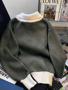 Women's Autumn/Winter Slouchy Turn-Down Collar Zipper Embroidered Knit Sweater Top, Casual Daily Wear, Commuting, Elegant - Grayish-green - View 2