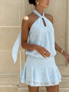 Vestido corto  con cuello hueco, aberturas y dobladillo con volantes tejidos - Azul - Ver 1