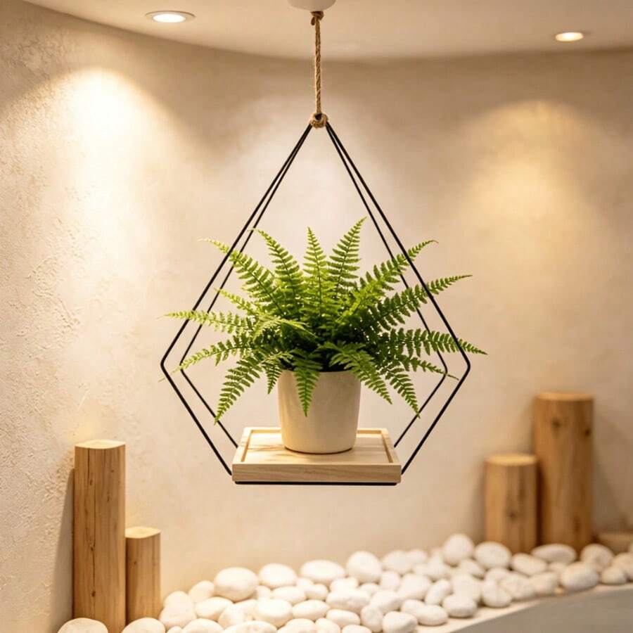 Rak Gantung Tanaman Logam Geometris Modern dengan Baki Kayu Solid dan Tali Rami yang Dapat Diatur, Stand Bunga Gantung Langit-langit, Rak Pot Gantung untuk Tanaman Dalam Ruangan Kecil seperti Pothos dan Ivy, Rak Bunga Gantung Hemat Ruang untuk Ambang Jendela, Balkon, Teras, Stand Pajangan Dekorasi Rumah Dalam Ruangan, Hadiah Pindah Rumah Unik untuk Pecinta Tanaman, Pot dan Tanaman Tidak Termasuk