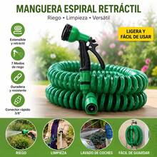 Dark Green Extendable Spiral Hose, 10m And 15m Sizes, Multifunction Nozzle, Seven Spray Modes, Standard 3/8 Inch Connection, Lightweight Body, Resistant To Daily Use For Garden Irrigation, Washing Vehicles, Cleaning Outdoor Spaces - Green - View 1
