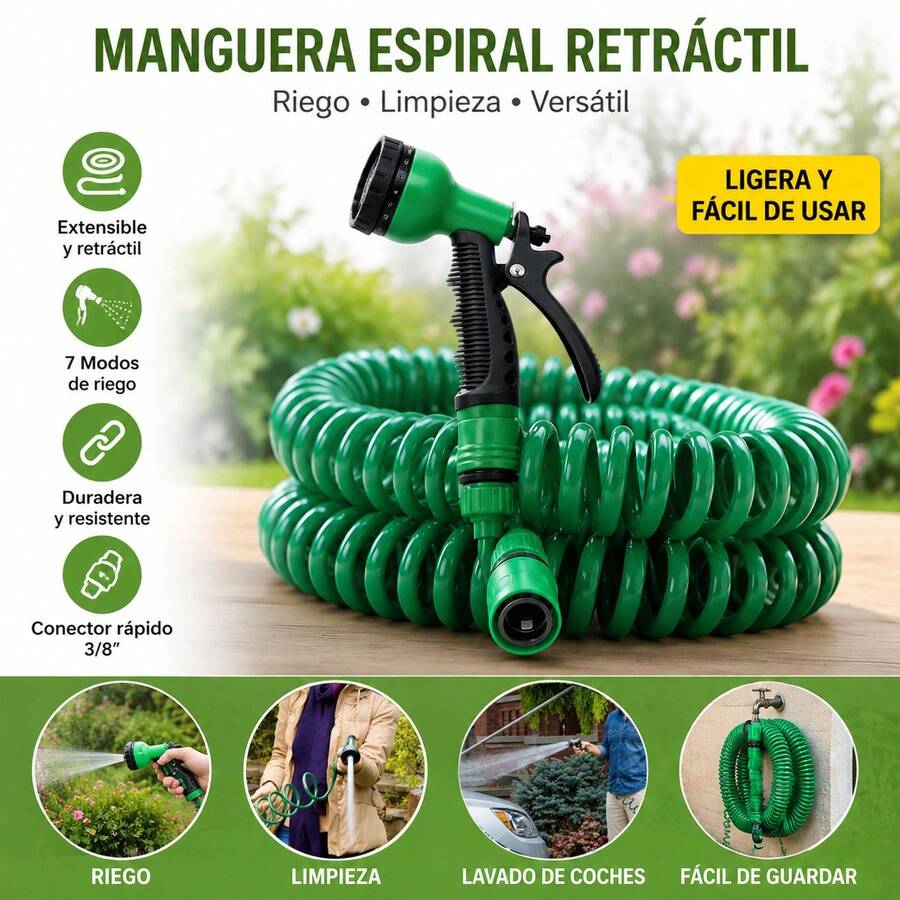 Dark Green Extendable Spiral Hose, 10m And 15m Sizes, Multifunction Nozzle, Seven Spray Modes, Standard 3/8 Inch Connection, Lightweight Body, Resistant To Daily Use For Garden Irrigation, Washing Vehicles, Cleaning Outdoor Spaces - Green - View 1