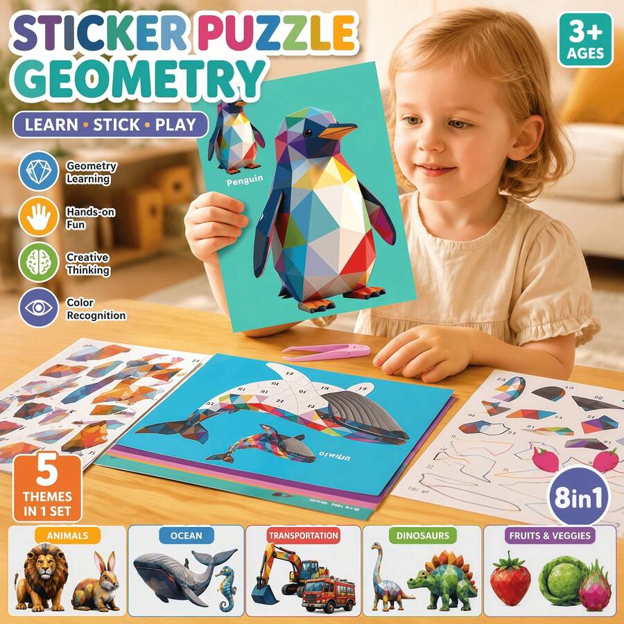 Buku Puzzle Stiker Geometri 3D untuk Anak, 5 Tema Hewan Dinosaurus Laut Kendaraan Buah Kit Kerajinan Seni Mosaik, Mainan Edukasi Montessori untuk Usia 3+