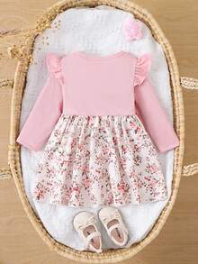 Girls Pink Floral Patchwork Dress With Bow Decor, Long Sleeve Baby Dress - Pink - View 3