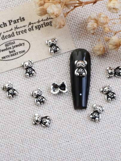 10-Piece Alloy Nail Art Accessories, Simple And Cute, Versatile, Dark Vintage Style, Small Dark Bear Design, Women's Nail Decorations, Beauty Accessories, DIY Decorations For Square Nails And Long Nails