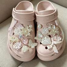 Pink Bow Pearl Chain Fairy Style Butterfly Heart DIY Hollow Shoe Decor Accessories Summer Luxury Sandals Decoration - Pink - View 2