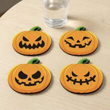 4 pièces Dessous de verre en forme de citrouille d'Halloween, imprimés avec différents styles de visages de citrouille amusants, pleins d'atmosphère festive d'Halloween, décoration de bureau, cadeau de fête exquis. Convient également comme décoration de bureau pour les cafés et les salons de thé. - Multicolore - Voir 4
