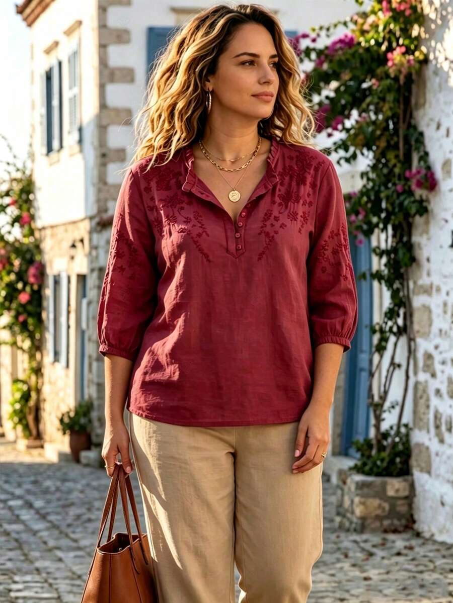 Women Viscose Embroidered Loose Retro Plus Size Mid-Sleeve Blouse Tops, Suitable For Spring/Summer