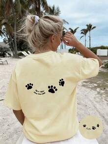 Colección de Primavera y Verano con una Camiseta de Manga Corta y Cuello Redondo Decorada con un Adorable Diseño de Huella de Pata en la Espalda, Perfecta para un Uso Casual y Versátil. - Blanco - Ver 6