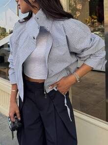 Women's Oversized Plaid Short Jacket, Lapel Collar, Zipper & Button Detail, Loose Fit, Plaid Pattern, Practical Outerwear, Casual Everyday Streetwear, Pockets - Light Grey - View 3