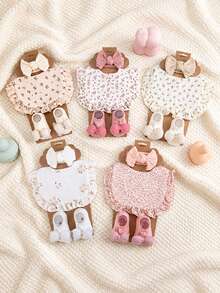 3PCS Baby Floral Bibs, Elastic Solid Color Nylon Headbands, Bow Decor Anti-Slip Short Socks, Cute Newborn Bibs & Headband Set - Multicolor - View 5