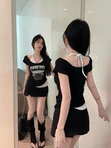 美式風 2 合 1 印花掛脖短袖 T 恤，女款夏季新款辣妹 INS 風上衣，黑色 - 黑色 - 查看 7