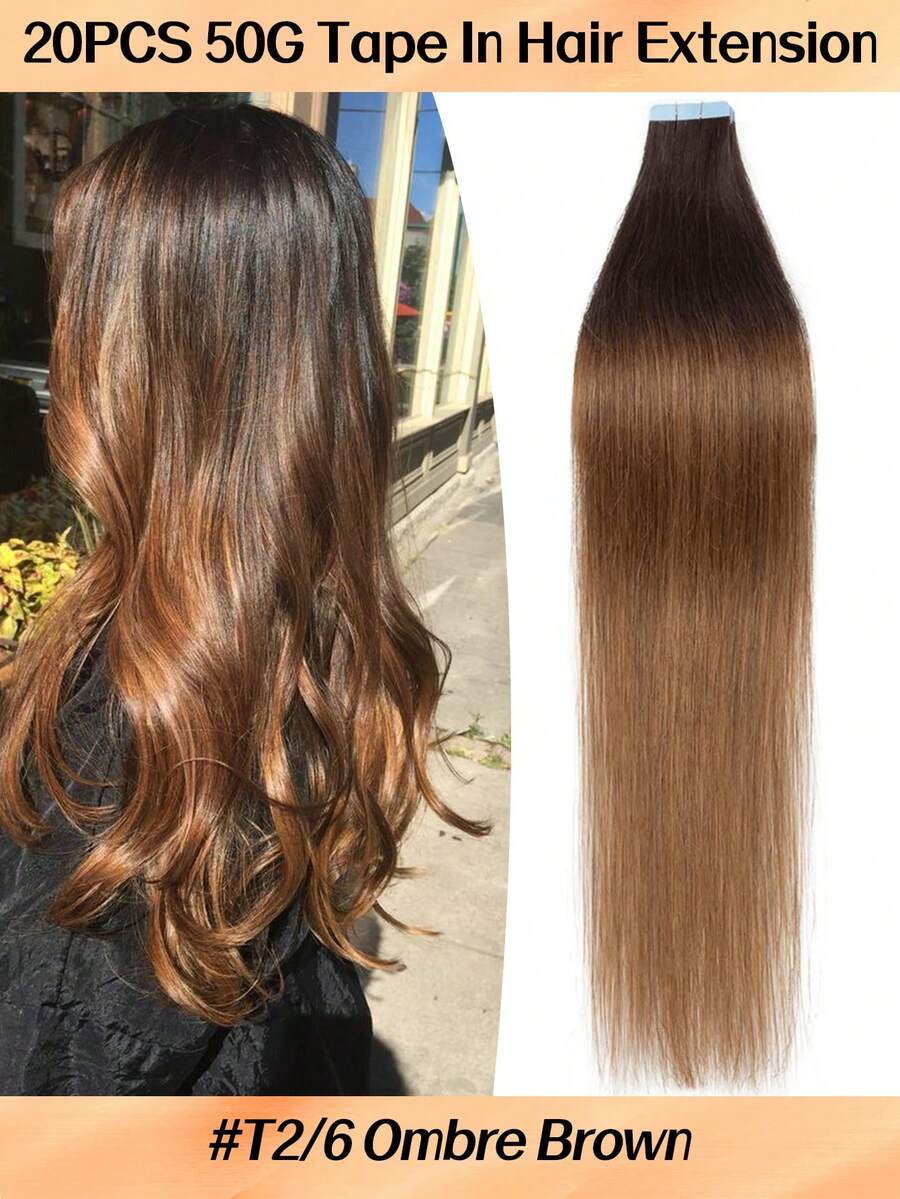 Jessie's Selection 20pcs/Pack 50g Tape In Hair Extensions Skin Weft Remy Silky Straight Seamless Invisible Tape Adhensive 150Grams 100% Human Hair Extensions For Volume Add Length Luxury Quality Affordable Cost Salon Quality (#2T6 Ombre Dark Brown & Light Brown) - S2/6 - 查看 1