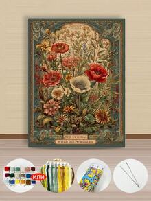 1pc Frameless 14CT Printed Fabric Cross Stitch Kit, Floral And Bird Theme With Lavender, Rose And Pomegranate Patterns, Suitable For Adult Beginners Relaxation DIY, Includes Fabric, Needle, Thread And Chart, Handmade Wall Art Decor Gift, 30x40cm/11.8x15.7in - 30X40CM - View 10