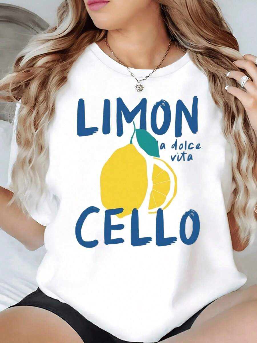 Premium Vibrant Graphic Of A Whole Lemon And A Slice Conveying Mediterranean Freshness With Inspirational Text Symbolizing Enjoying Life. Women's T-Shirt, 100% Cotton. Bestseller - 白色的 - 查看 1