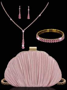 4pcs Rhinestone Jewelry Set, Sparkling Necklace Earrings Bracelet, Pleated Satin Box Evening Clutch Bag, Party Bag, Formal Dress Bag, Evening Bag, Chain Bag, Wedding Clutch, Wedding, Pink, Party Bag, Wedding Supplies - Pink - View 1