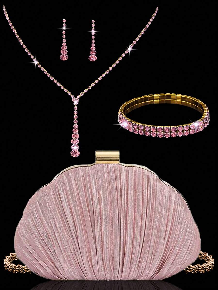 4pcs Rhinestone Jewelry Set, Sparkling Necklace Earrings Bracelet, Pleated Satin Box Evening Clutch Bag, Party Bag, Formal Dress Bag, Evening Bag, Chain Bag, Wedding Clutch, Wedding, Pink, Party Bag, Wedding Supplies - Pink - View 1