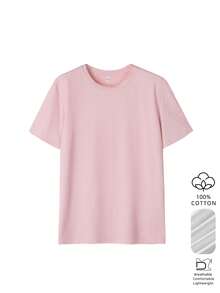 Kaos Wanita Polos Warna Pink, Leher Bulat, Lengan Pendek, Potongan Reguler, Minimalis, Warna Polos, Cocok untuk Pakaian Kasual Sehari-hari - Berwarna merah muda - View 2