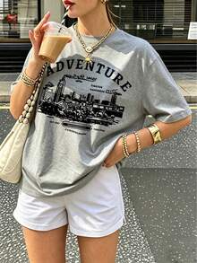 「Adventure」城市景觀圖案T恤，復古旅行休閒夏季款 - 灰色 - 查看 2