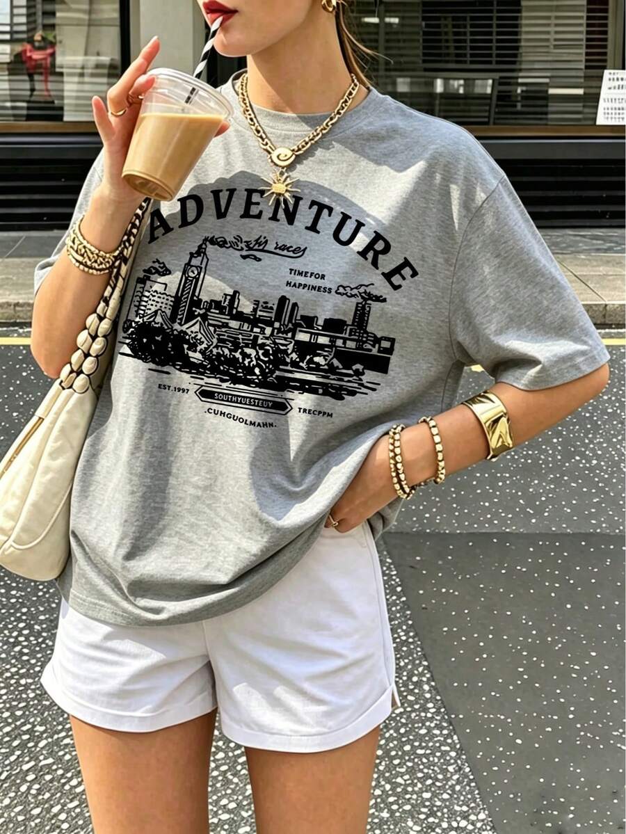「Adventure」城市景觀圖案T恤，復古旅行休閒夏季款