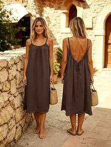 ¡Ideal para tus Vacaciones!Vestido Midi Tirantes Finos Espalda Descubierta con Cordón, Tela Ligera que Disimula la Figura - Albaricoque - Ver 10
