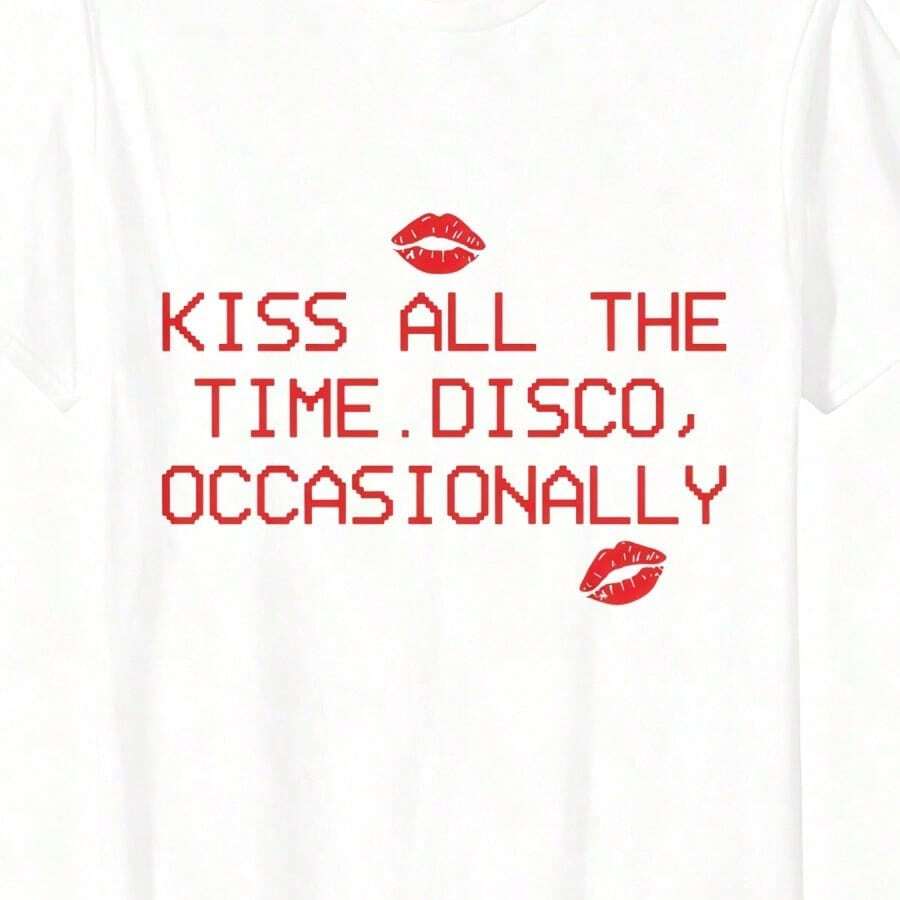 Crew Neck Short Sleeve T-Shirt With Vintage Lip Print And "All The Time" Text, Soft Y2K Aesthetic, Everyday Casual Basic For Women - White 3 - View 1