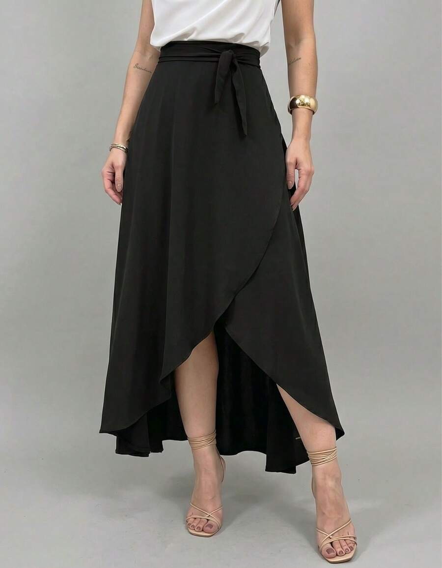 Long Wrap Skirt With Tie Fashion Blogger - Black - View 1