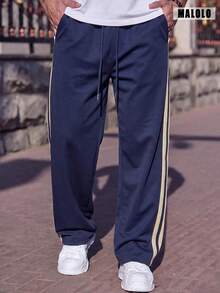 Celana Olahraga Kasual Pria Warna Biru Tua, Celana Panjang Lurus dengan Tiga Garis Beige dan Tali Serut di Samping, Celana Panjang Olahraga Serbaguna untuk Sehari-hari di Musim Gugur - Navy Blue - View 5