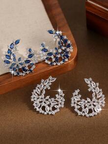 1 par de elegantes pendientes de botón con forma de hoja y flor de circonita cúbica, adecuados para boda, compromiso, fiesta, vacaciones, uso diario de mujeres, regalo de joyería de cobre - flor - Ver 2