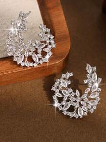 1 par de elegantes pendientes de botón con forma de hoja y flor de circonita cúbica, adecuados para boda, compromiso, fiesta, vacaciones, uso diario de mujeres, regalo de joyería de cobre - flor - Ver 11