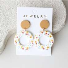 1 Pair Ochre Hollow Round Random Print Acrylic Dangle Earrings, Clay Texture, Elegant And Cute, Suitable For Vacation, Party, Celebration, Holiday Gift - Y1330 - View 1