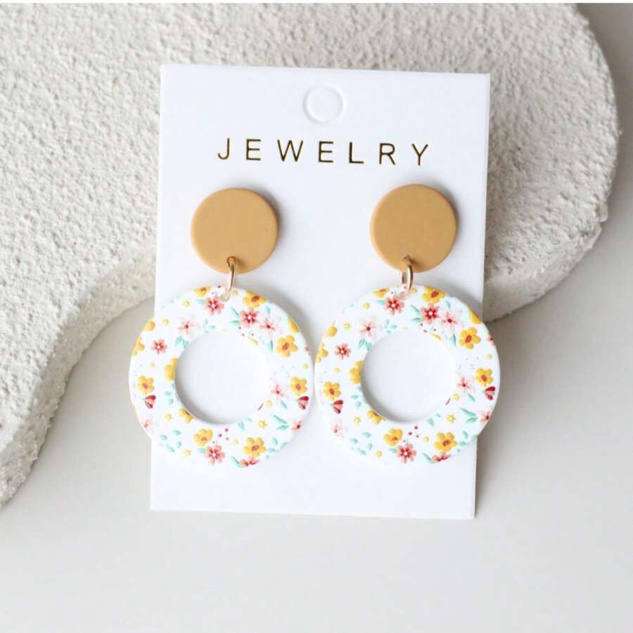 1 Pair Ochre Hollow Round Random Print Acrylic Dangle Earrings, Clay Texture, Elegant And Cute, Suitable For Vacation, Party, Celebration, Holiday Gift - Y1330 - View 1