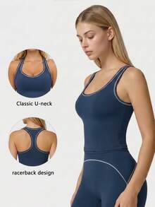 TimeOff Women's 1pc Contrast White Trim Line V-Neck Removable Padding Racerback Sports Tank Top - Navy Blue - View 1