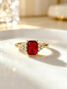 1pc S925 Sterling Silver Cubic Zirconia Geometric Square Red Gemstone Ring, Elegant Elegant Women's Party Daily Wear - Yellow Gold - View 6