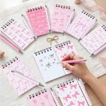 8 Sets Pink Bow Spiral Notebook And Pen Set, Tear-Off Notebook, Memo Pad, Portable Pocket Mini Notebook, Stationery Notebook, Student Prize, Party Gift, Notebook Gift Pack School Supplies - Bow Series - View 7