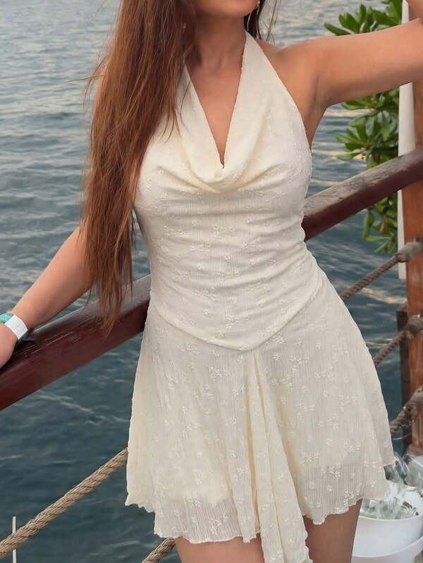 Women's Cream Halter Mini Dress, Draped Neckline Sleeveless Embroidered Flowy Dress, Suitable For Brunch And Parties