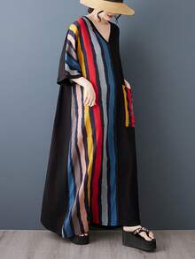 AZAH 萬聖節優雅舞會夏季波希米亞風休閒大尺碼V領短袖條紋拼接度假沙灘洋裝，媽媽日常優雅洋裝 - 黑色 - 查看 1