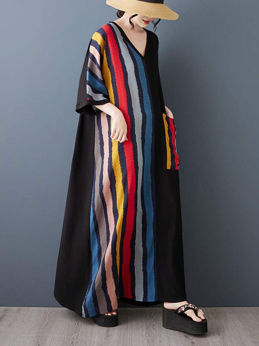 AZAH 萬聖節優雅舞會夏季波希米亞風休閒大尺碼V領短袖條紋拼接度假沙灘洋裝,媽媽日常優雅洋裝 - 黑色 - 查看 1