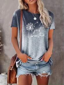 Dandelion Print T-Shirt With The Phrase "Just Breathe", Casual Short Sleeve Top With Round Neck, Women's Clothing - 灰色 - 查看 1