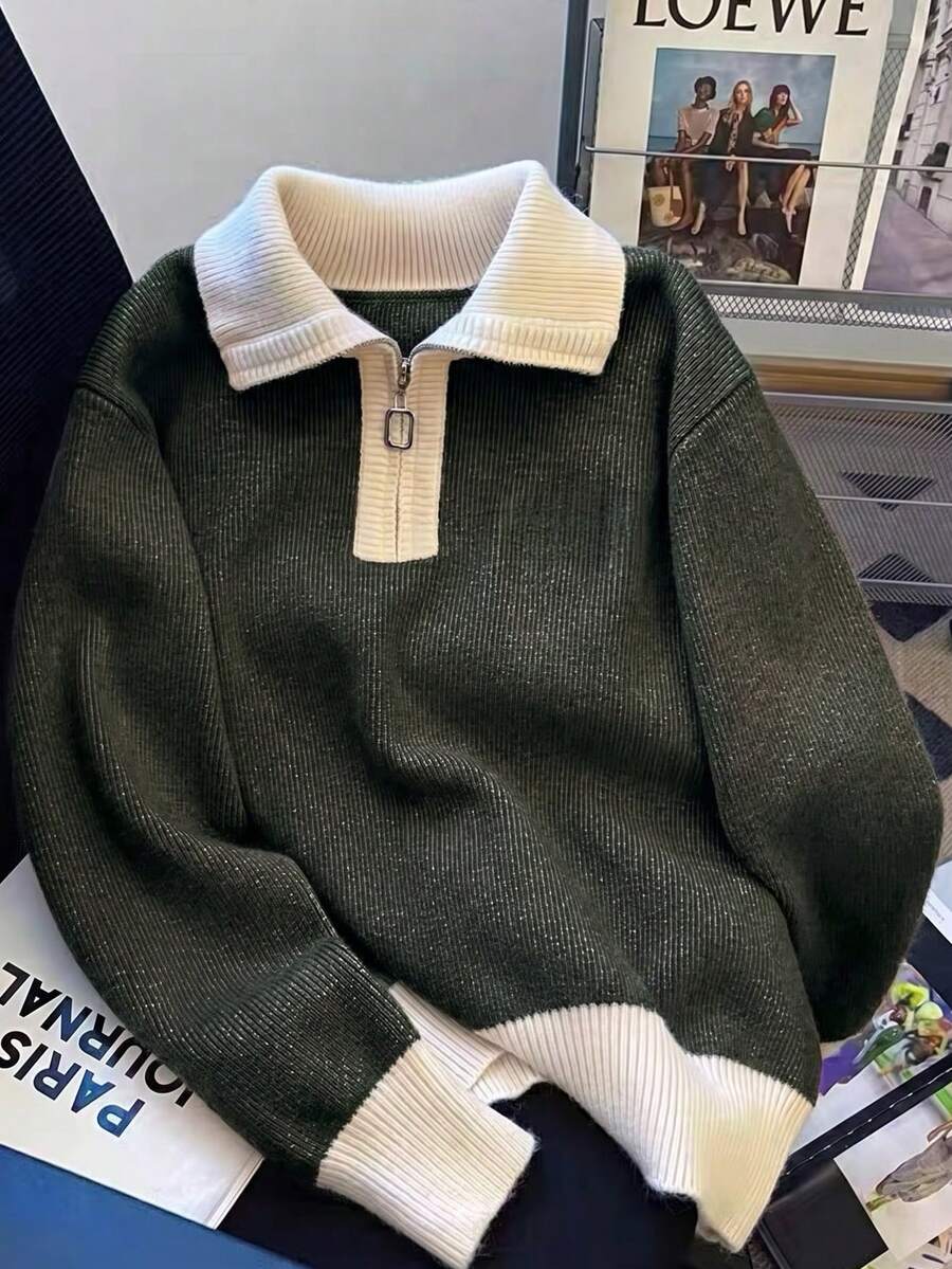Women's Autumn/Winter Slouchy Turn-Down Collar Zipper Embroidered Knit Sweater Top, Casual Daily Wear, Commuting, Elegant - Grayish-green - View 1