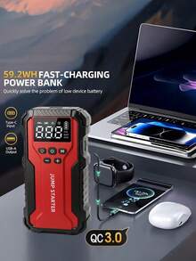 Car Battery Jump Starter With 150PSI Air Pump, Portable Car Emergency Jump Starter, Car Battery Air Pump With Auto Shut-Off Function, Includes Jump Cables And Lighting - J33 - View 7