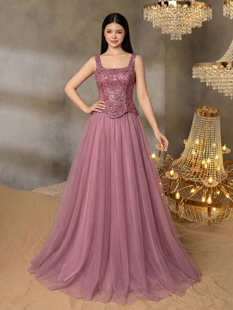 ALISA&LEO Teen Girl Sequin Mesh Patchwork Pleated Elegant Party Dress Suitable For Multiple Occasions - Dusty Pink - View 1