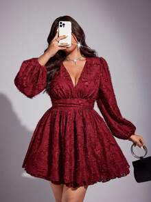 Viva Relle Vestido de mujer de talla grande de unicolor con escote en V profundo y mangas farol, de moda y sexy - Negro - Ver 3